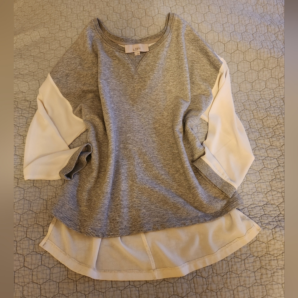 LOFT  Sweatshirt Terry Front/Chiffon Back/Sleeves Pullover Hi-Low Relaxed MMeasu